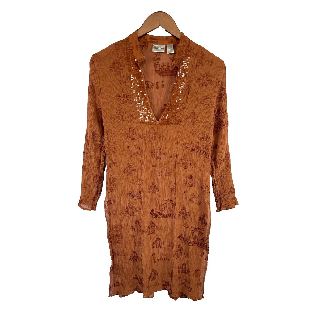 Chicos Women Sequin Embroidered Sheer Silk Tunic M Rust Boho Airy Travel Resort